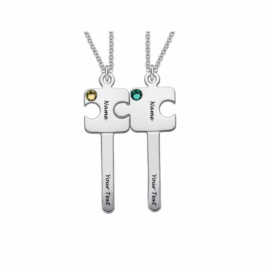 Sterling silver personalized puzzle key couple necklaces with custom names, text.