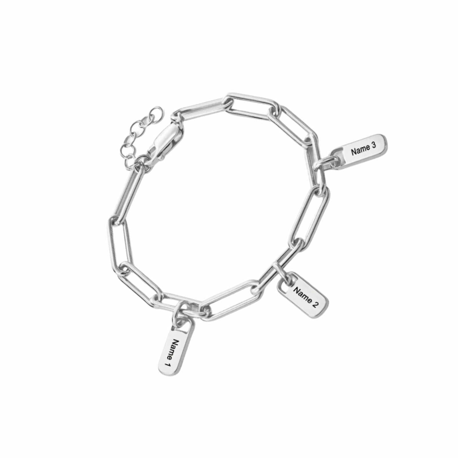 Sterling silver personalized paperclip chain bracelet with 3 custom engraved name charms.