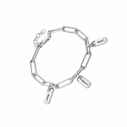 Sterling silver personalized paperclip chain bracelet with 3 custom engraved name charms.