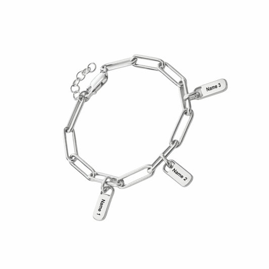 Sterling silver personalized paperclip chain bracelet with 3 custom engraved name charms.