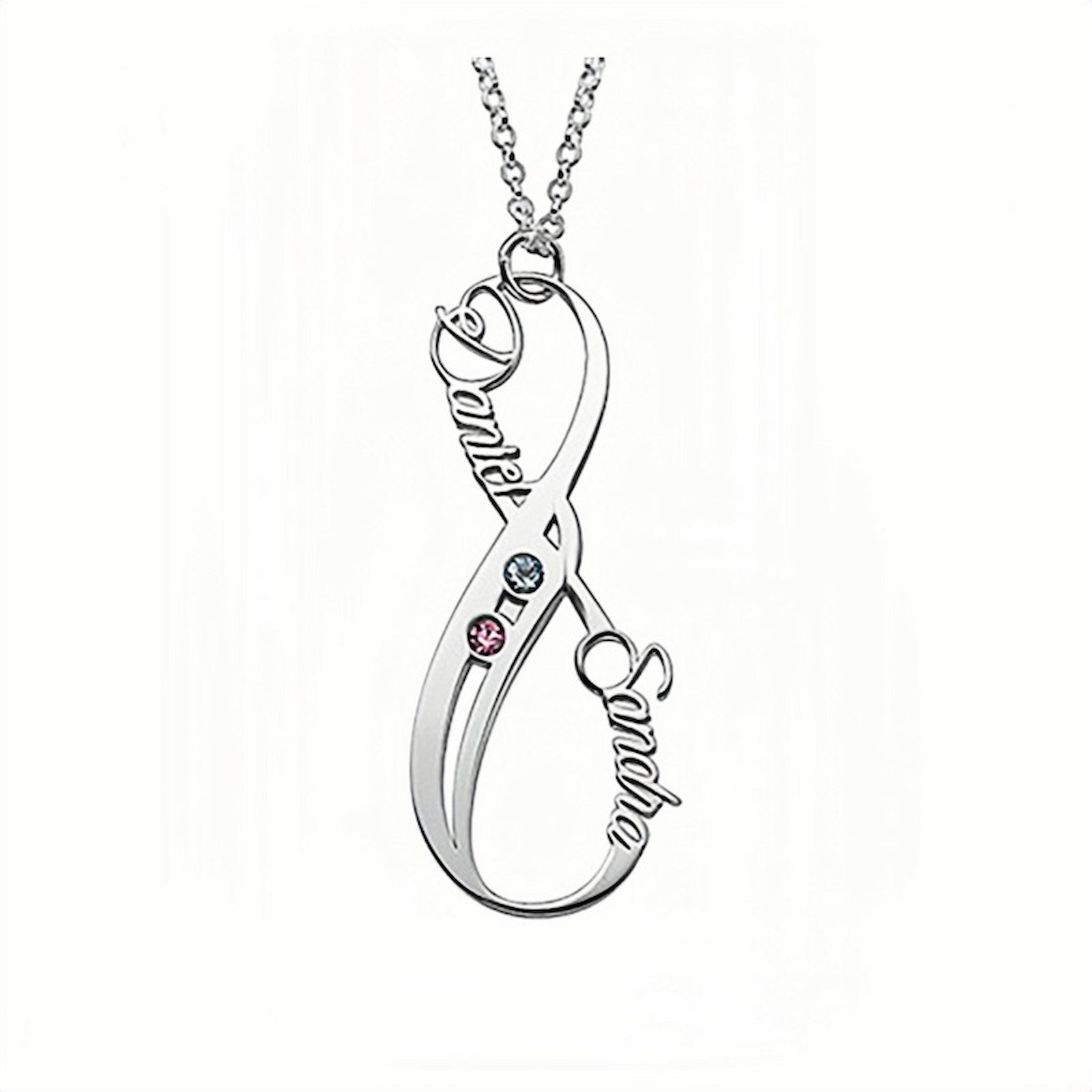 Sterling silver personalized vertical infinity name birthstone necklace.