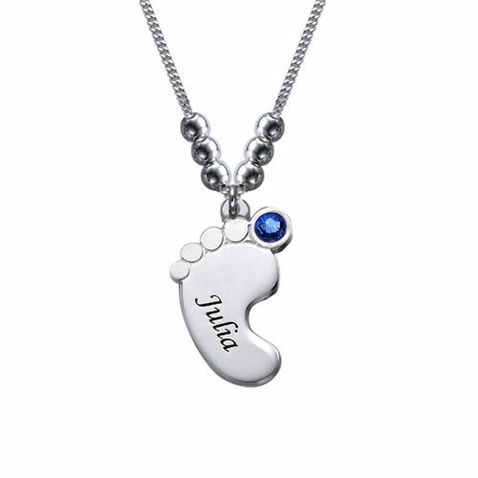 Sterling silver single baby foot name birthstone necklace, Julia & blue stone.