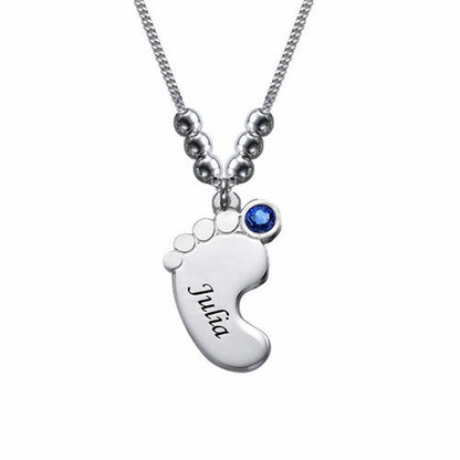 Sterling silver single baby foot name birthstone necklace, Julia & blue stone.