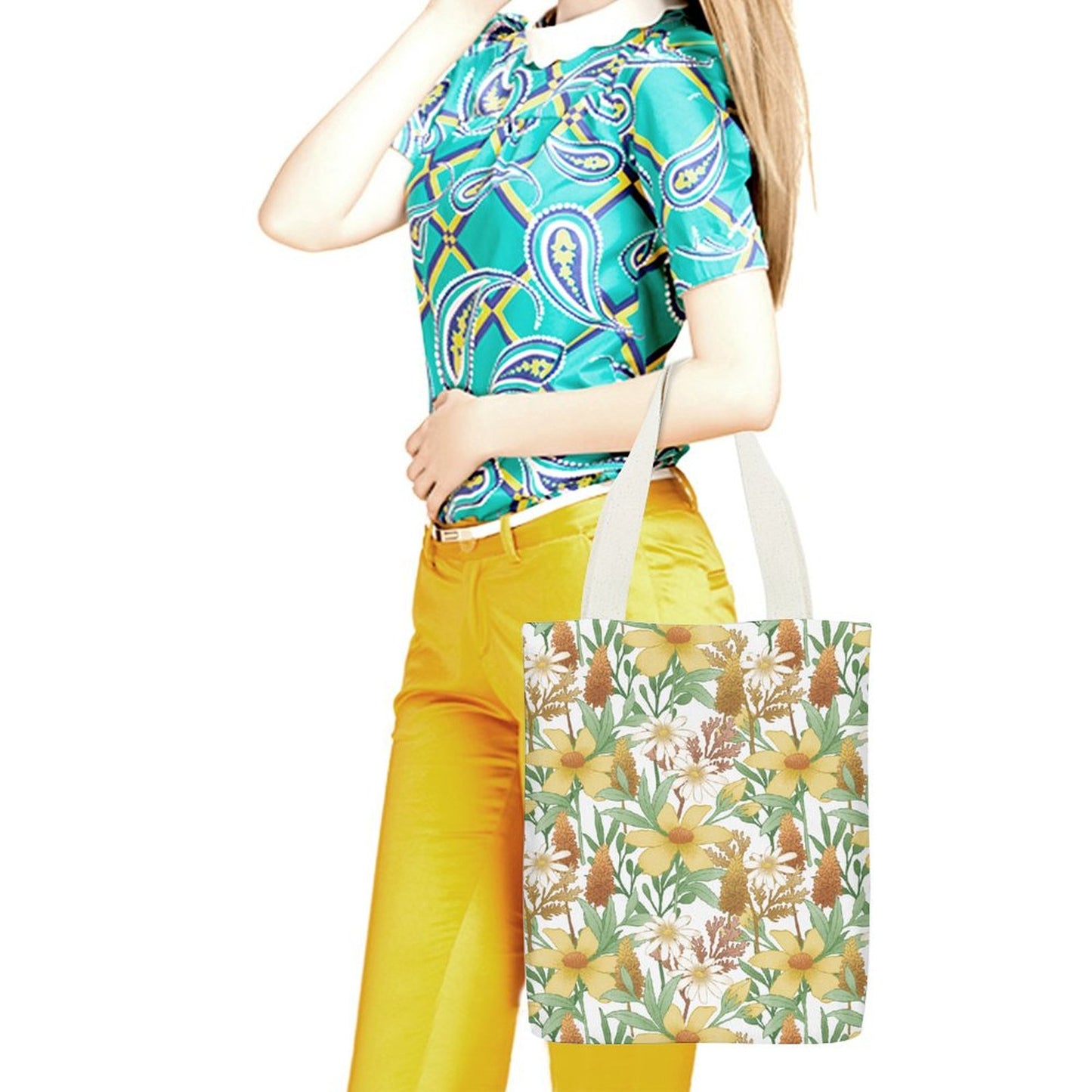 Stylish Full Print Canvas Tote Bag on a model; great for vacation and everyday use.