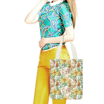 Stylish Full Print Canvas Tote Bag on a model; great for vacation and everyday use.