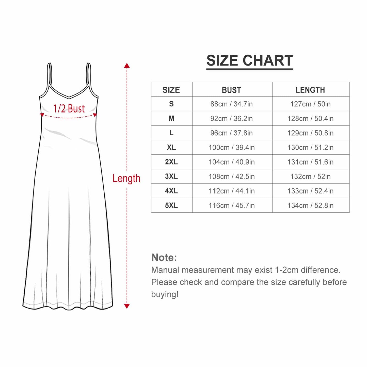 Size Chart for Women Casual Loose Sundress, Bust & Length Measurements.