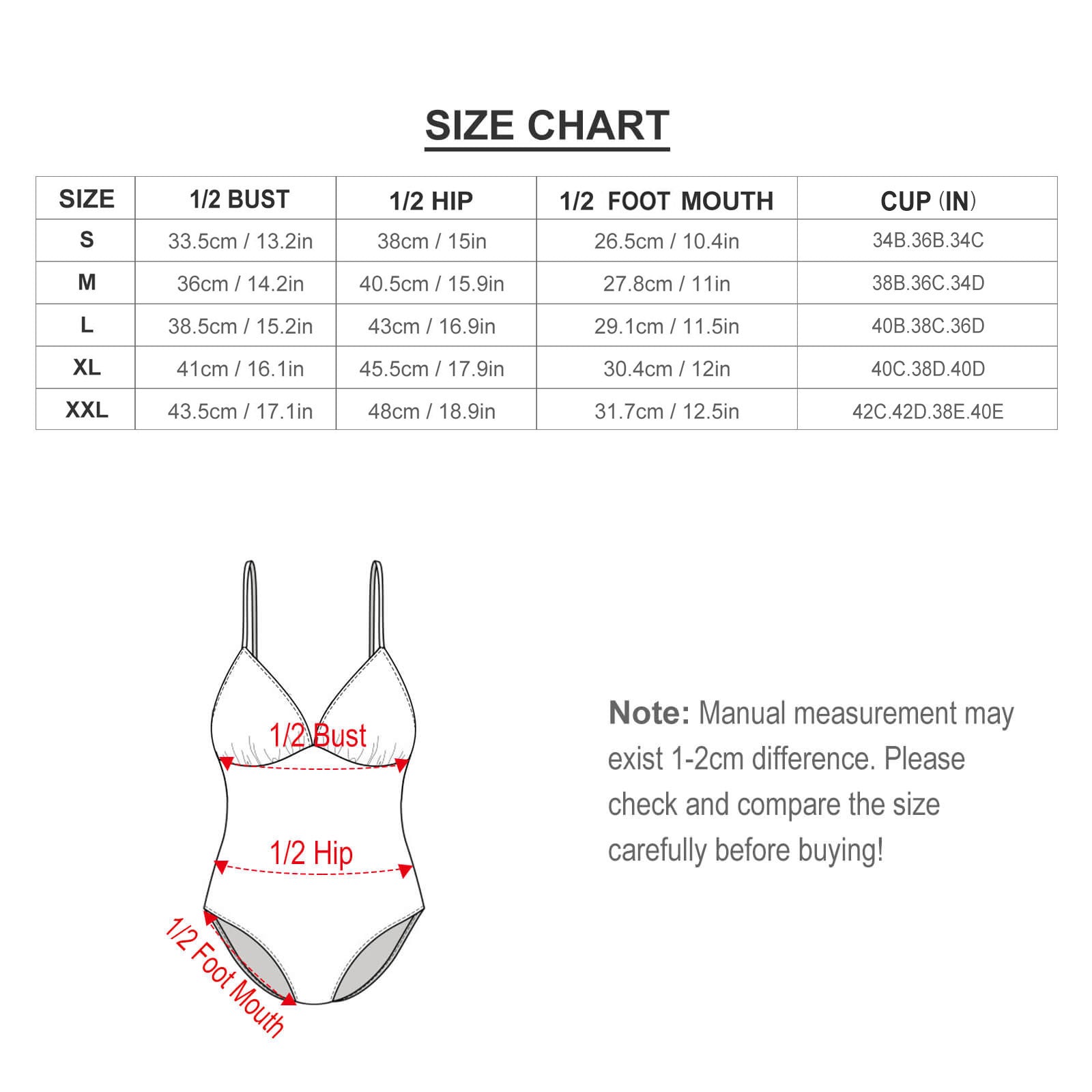 Size chart showing half bust, hip, foot mouth, and cup measurements for the ruched V-neck monokini swimsuit.