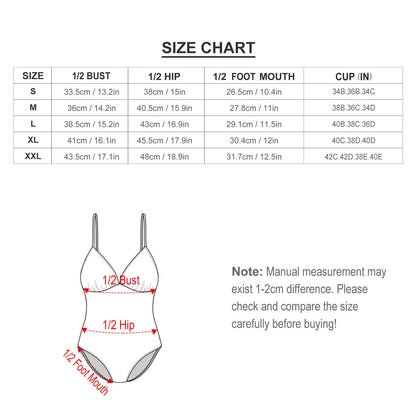 Size chart showing half bust, hip, foot mouth, and cup measurements for the ruched V-neck monokini swimsuit.