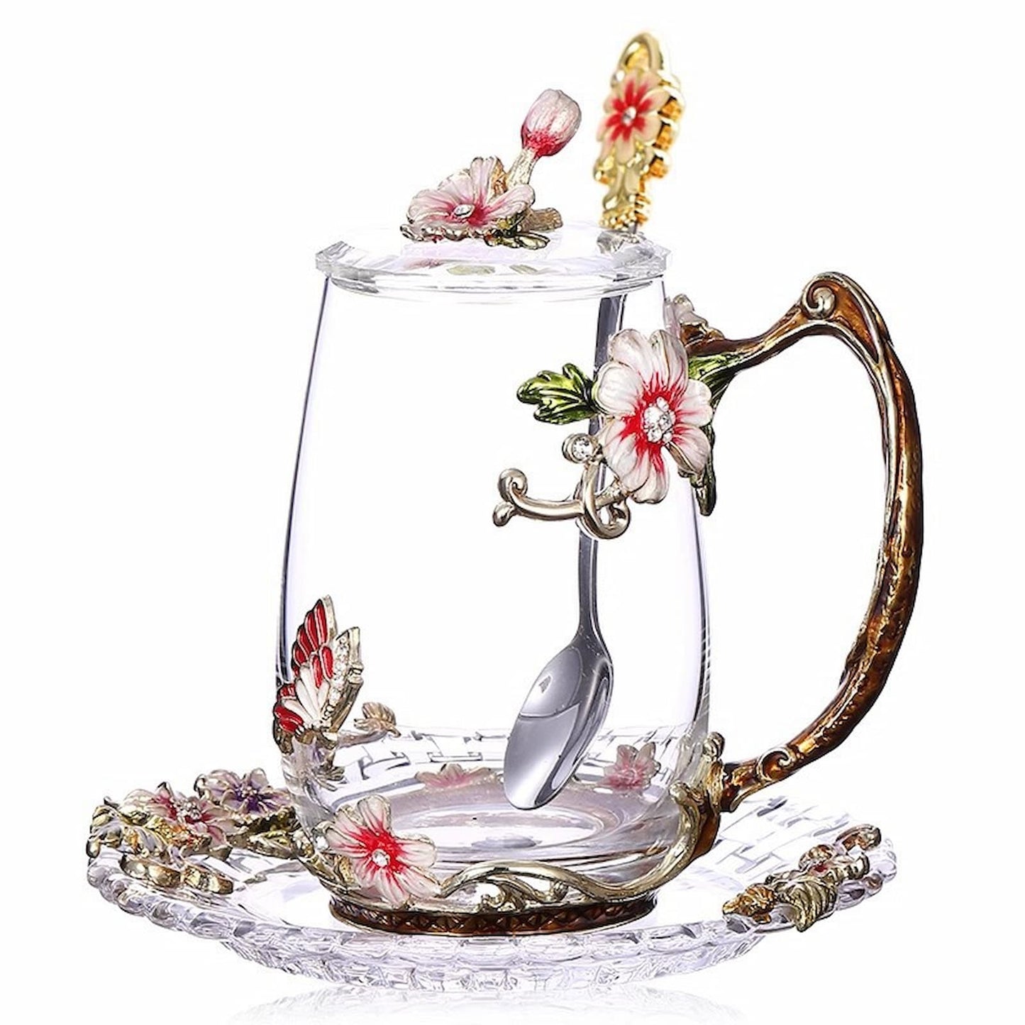 Tall personalized glass coffee mug with saucer and spoon, gift for wife.