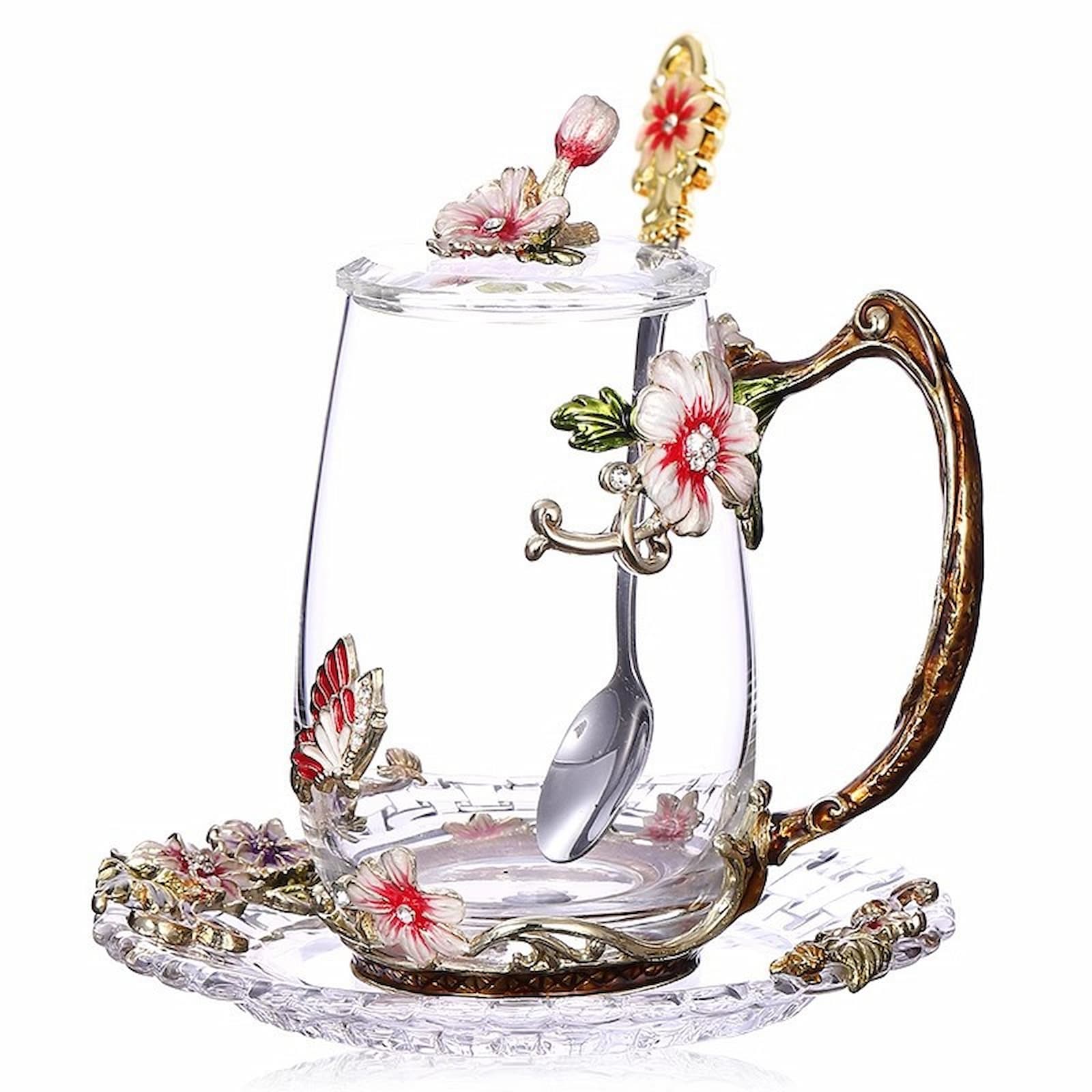 Tall personalized glass coffee mug with saucer and spoon, gift for wife.