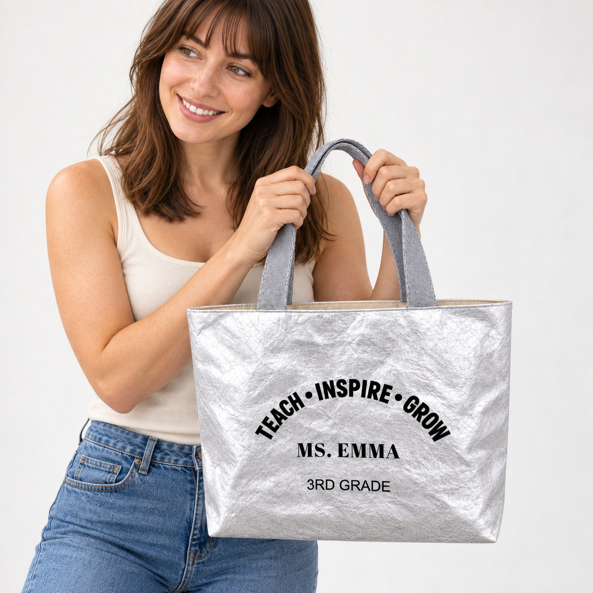 Personalized Teacher Tote Bag with Custom Name and Grade - personalization detail view