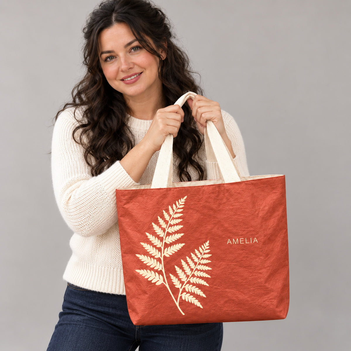 Personalized Terracotta Fern Tote Bag with Custom Name showing the custom name and botanical design detail