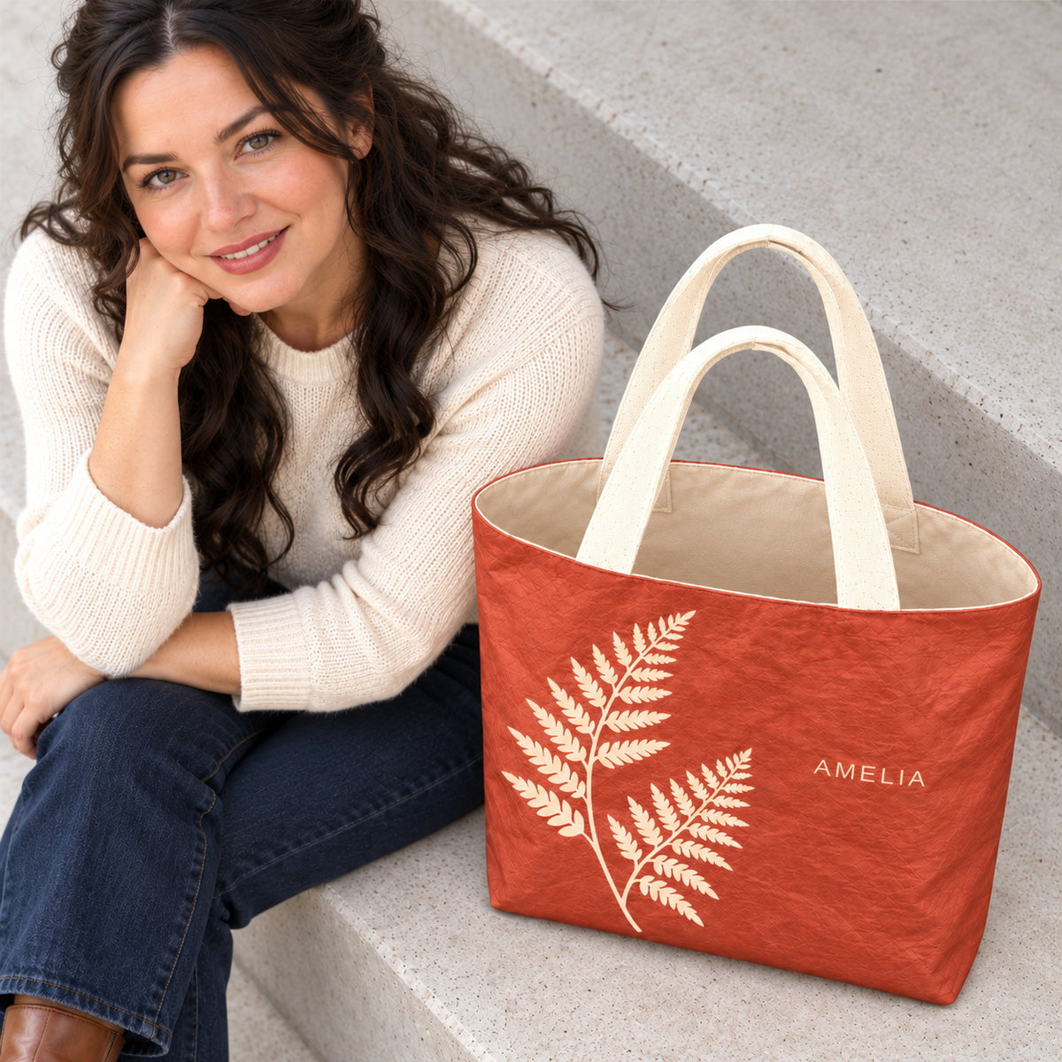 Personalized Terracotta Fern Tote Bag with Custom Name showing the paper-like exterior and interior view