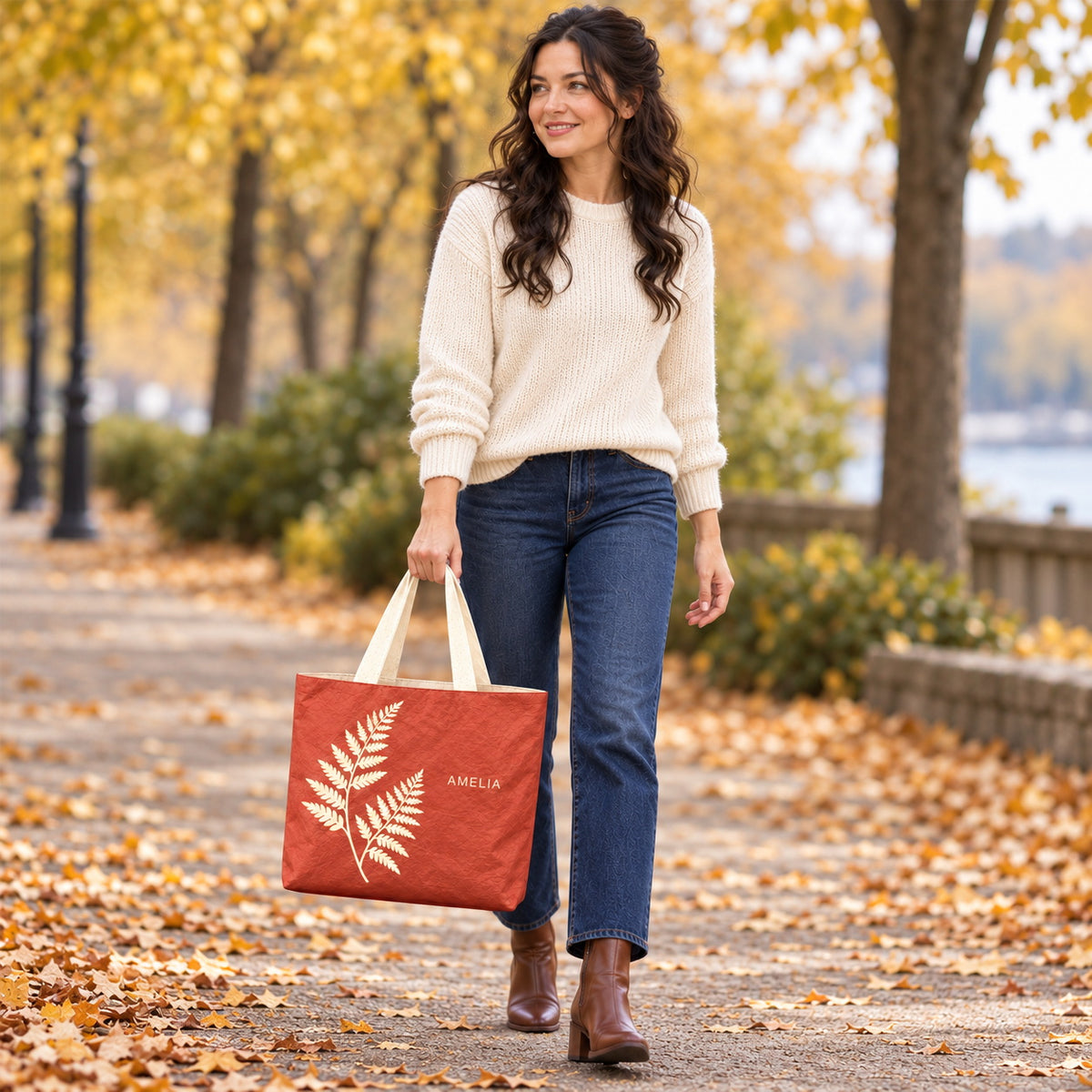 Personalized Terracotta Fern Tote Bag with Custom Name styled for seasonal walking outfits