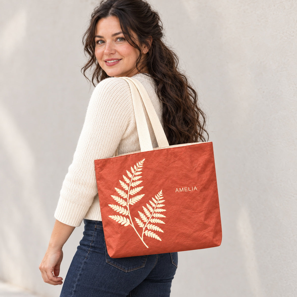 Personalized Terracotta Fern Tote Bag with Custom Name shown as an everyday shoulder carry look