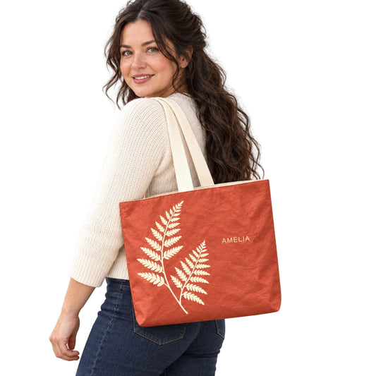 Personalized Terracotta Fern Tote Bag with Custom Name shown as an everyday shoulder carry look