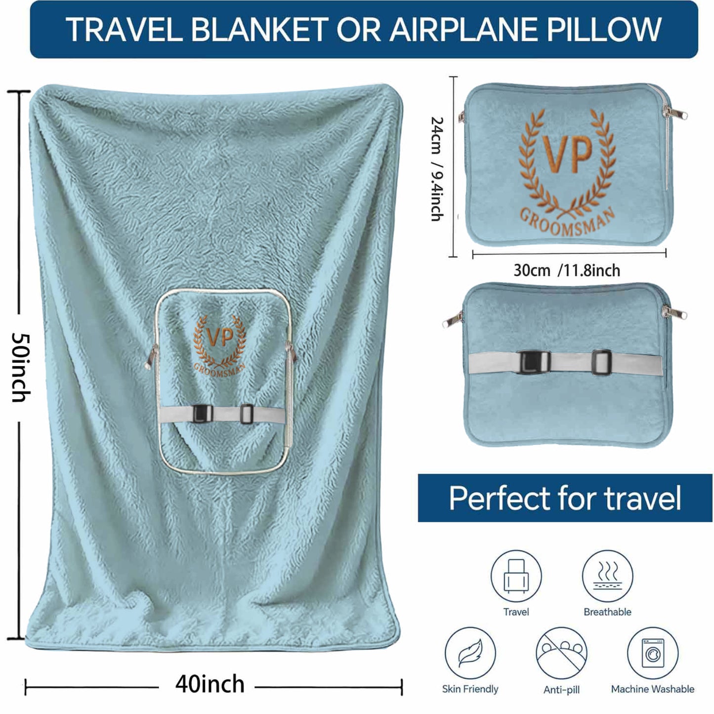 Dimensions of travel blanket with anti-pill and wash icons.
