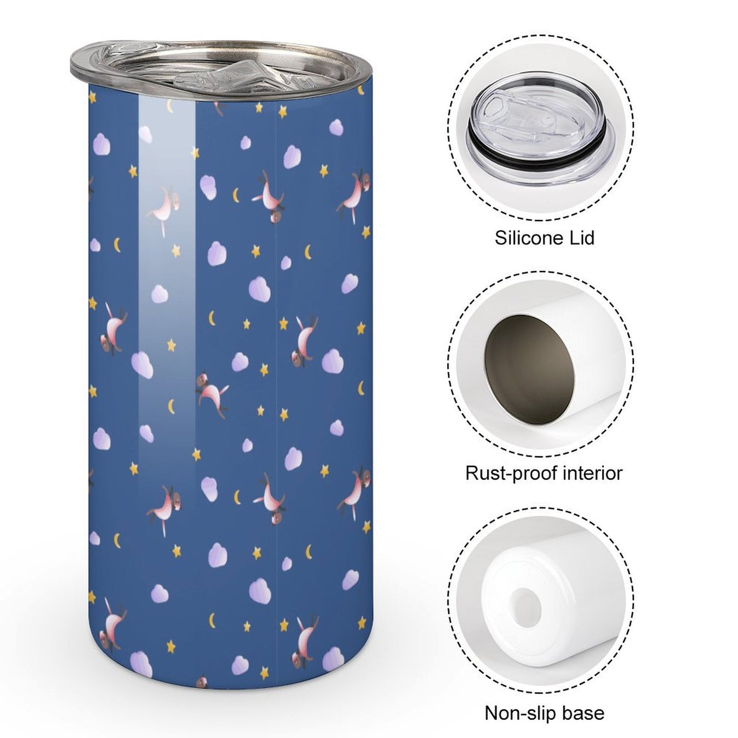 Vacuum insulated travel coffee mug with silicone lid and non-slip base features.