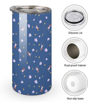 Vacuum insulated travel coffee mug with silicone lid and non-slip base features.