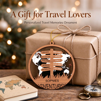 Personalized Travel Memories Christmas Ornament with Custom Destinations and Names - centerpiece display