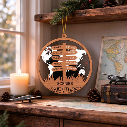 Personalized Travel Memories Christmas Ornament with Custom Destinations and Names - main product view
