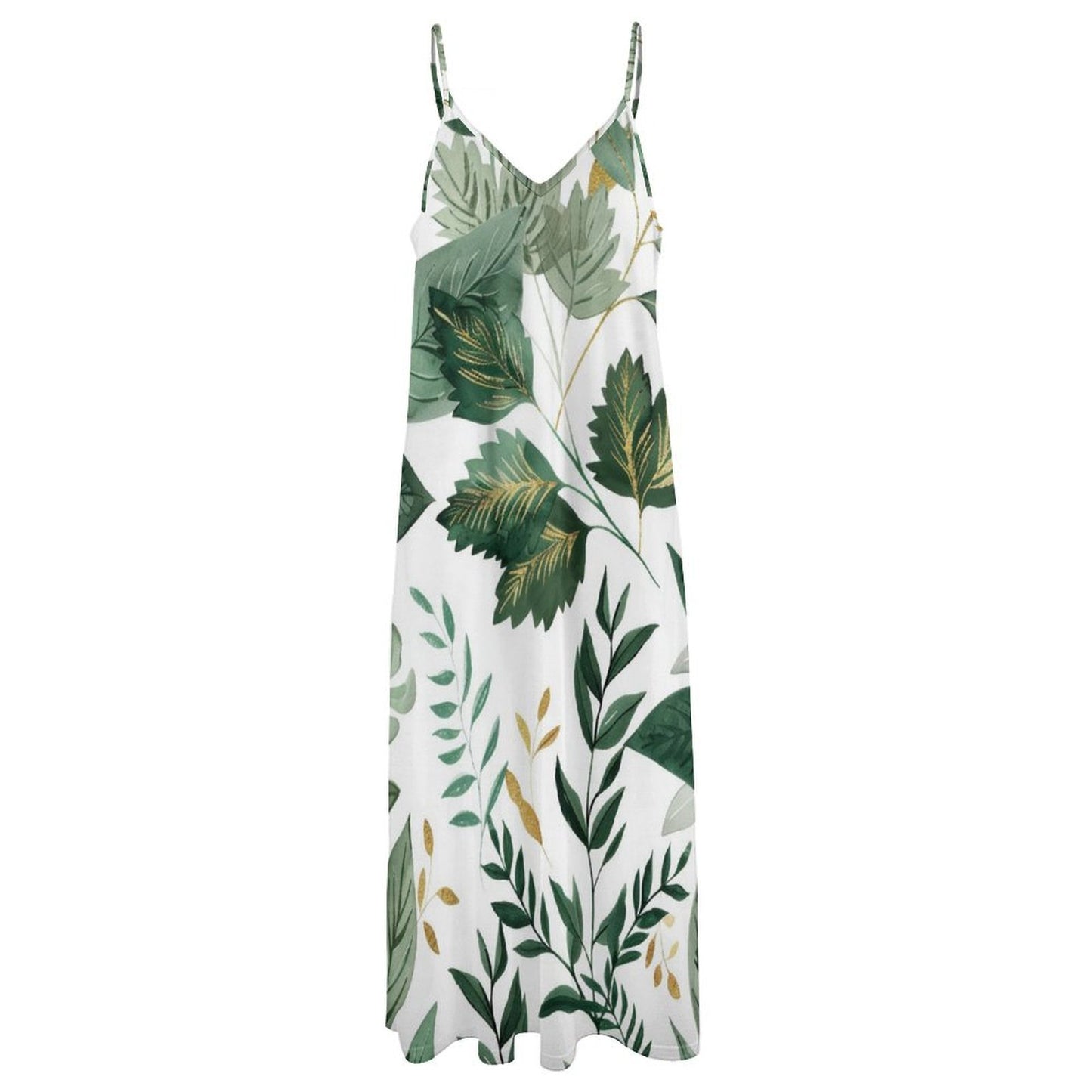 Women Casual Loose Sundress, Leaf Print, Travel Vacation Beach Dress Front.