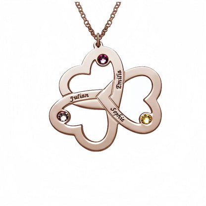 Collier triple cœur gravé personnalisé | Cadeau pour maman avec pierre de naissance