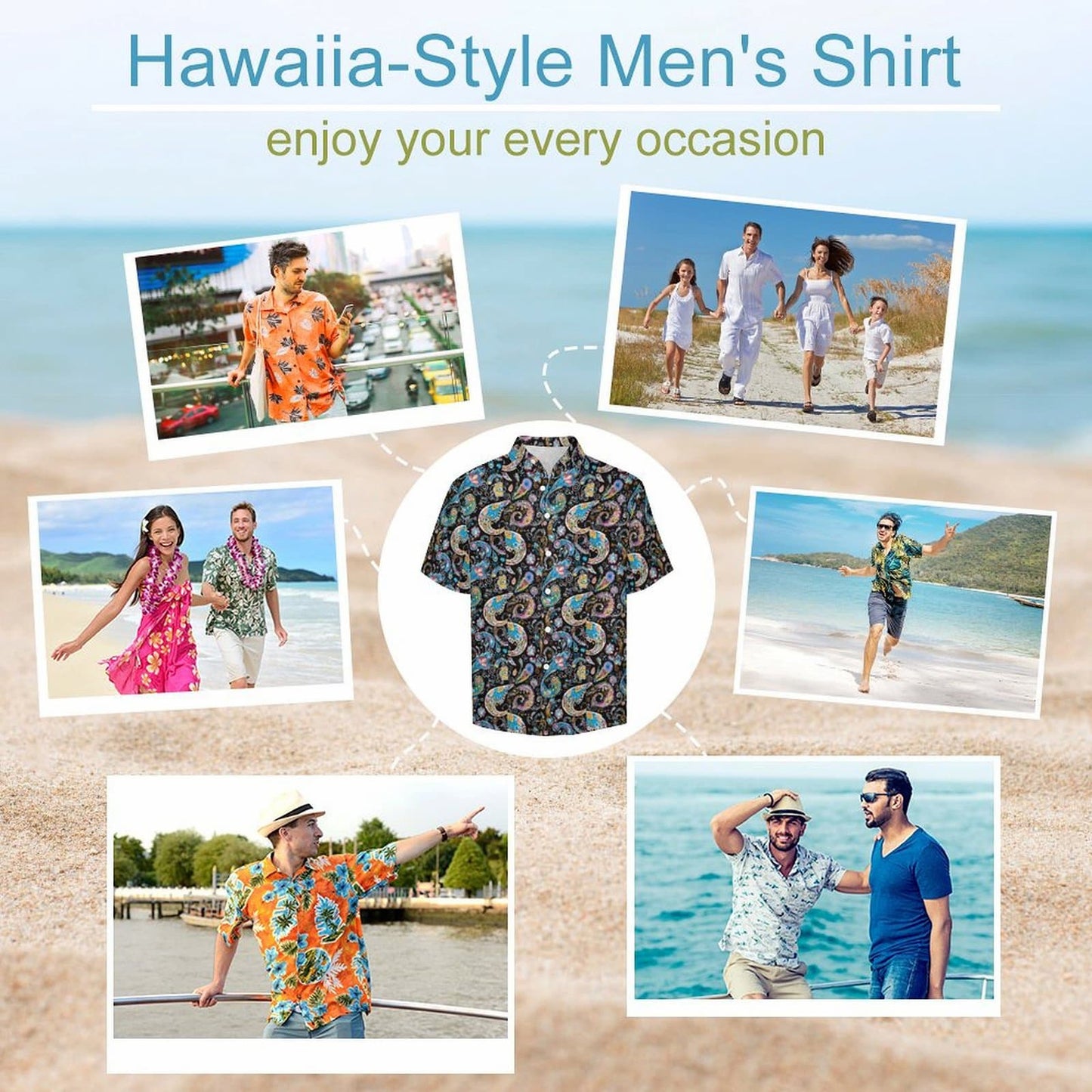 Tropical beach holiday lifestyle men's paisley shirt collage, multiple occasions.