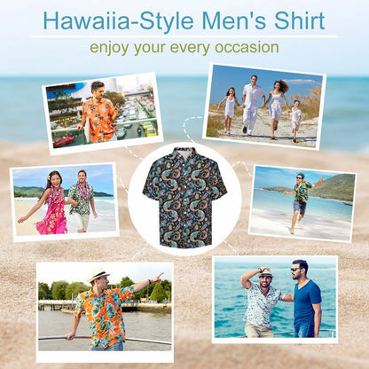 Tropical beach holiday lifestyle men's paisley shirt collage, multiple occasions.