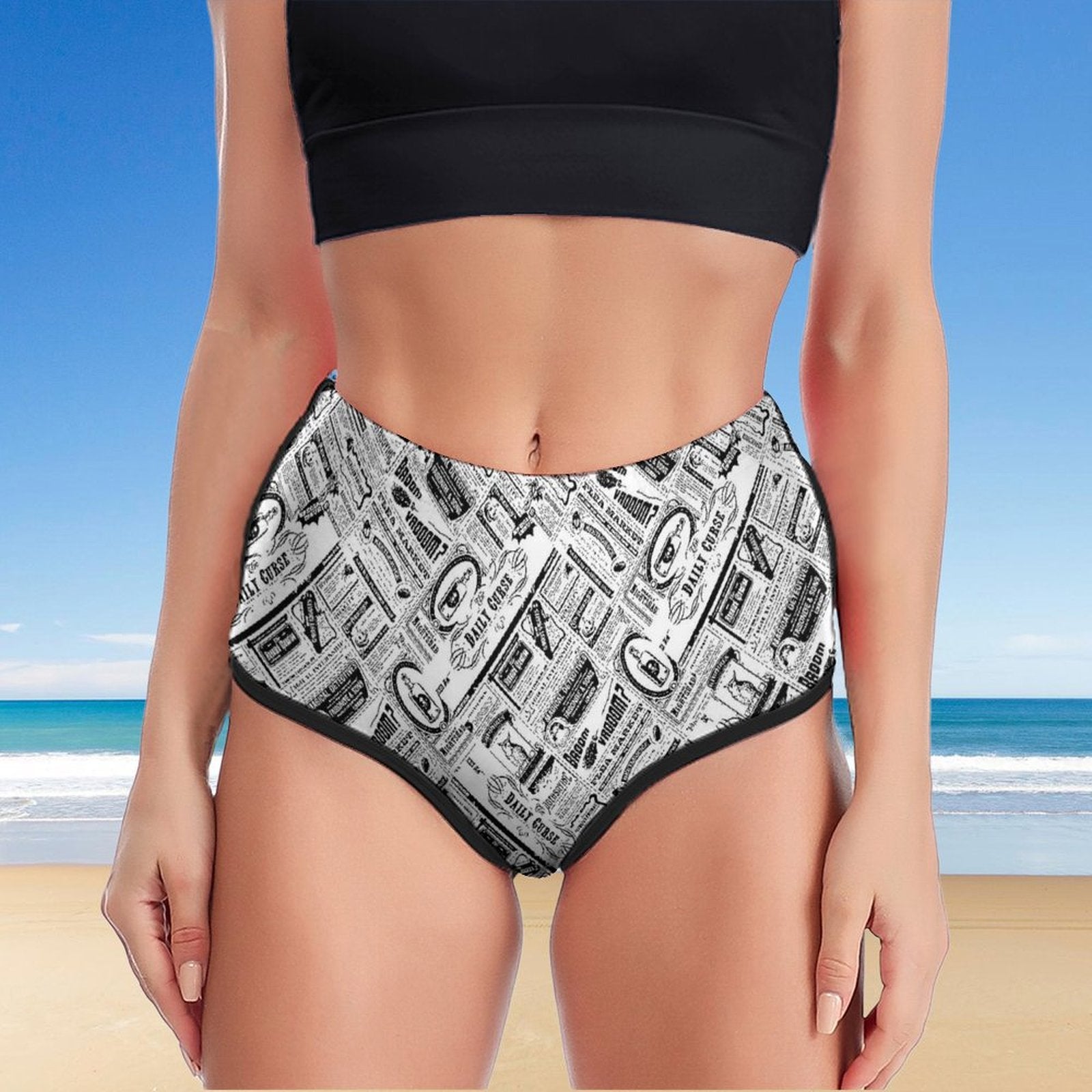 Tummy Control Yoga Shorts at the beach. Personalized Print running and workout wear.
