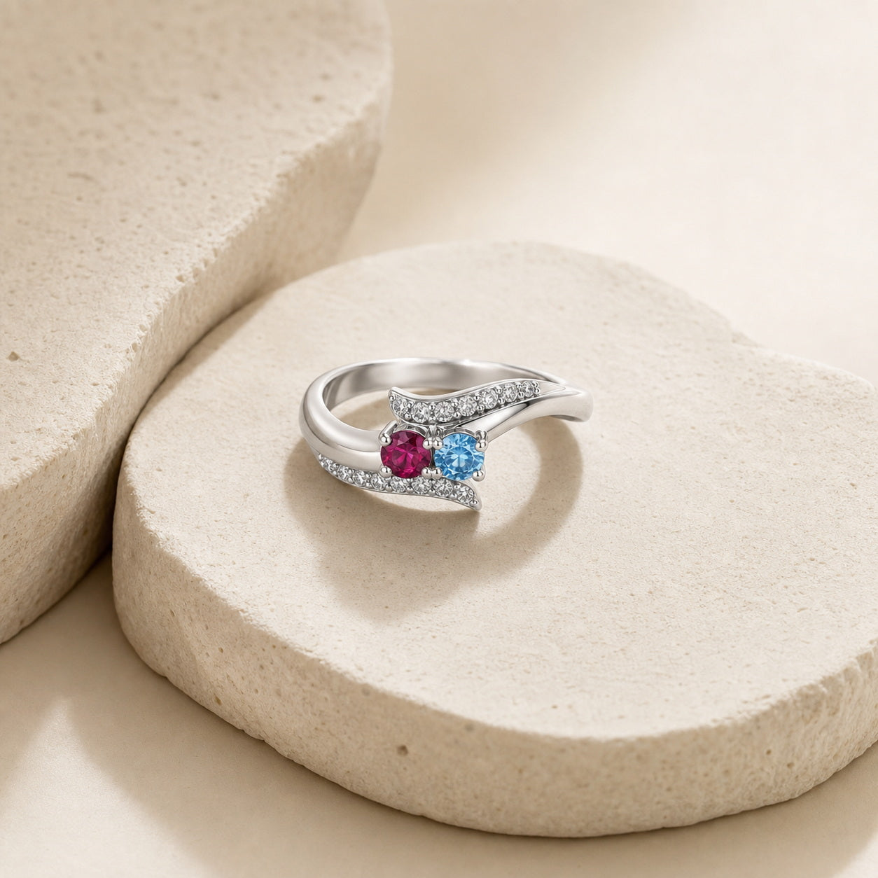 Two Birthstone Name Ring detail view custom jewelry