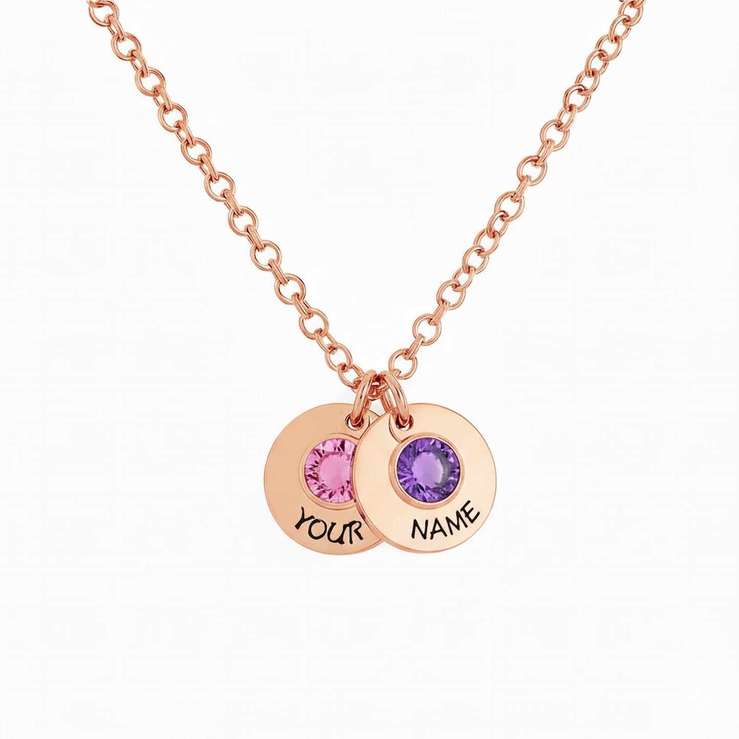 Rose gold custom 2 birthstone disc necklace with personalized text.