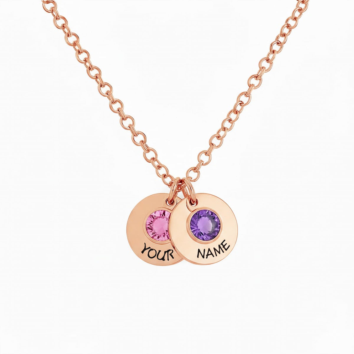 Rose gold custom 2 birthstone disc necklace with personalized text.