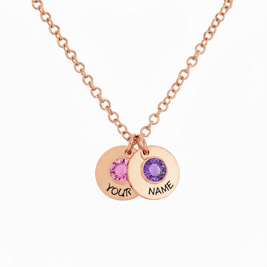 Rose gold custom 2 birthstone disc necklace with personalized text.
