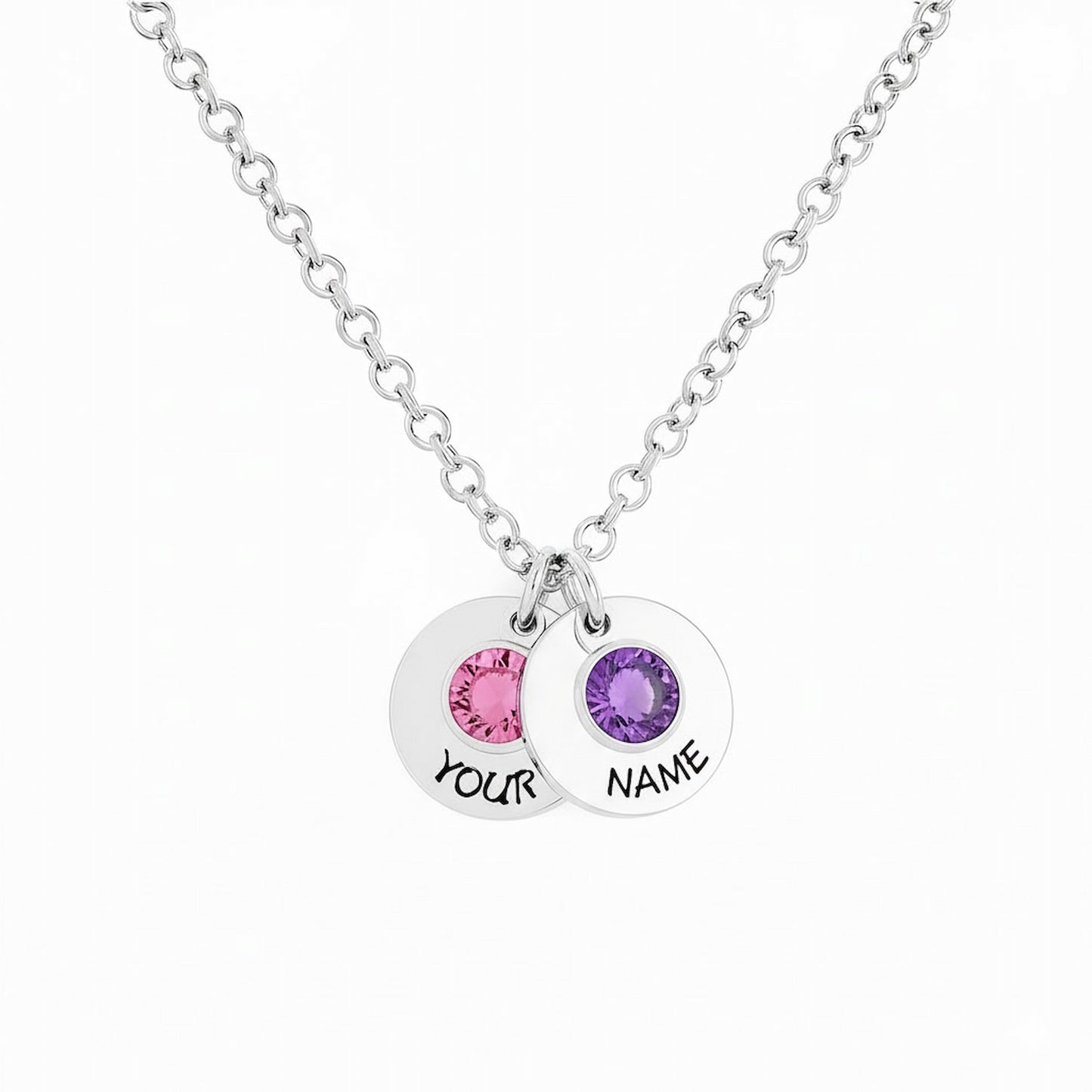 Sterling silver custom 2 birthstone disc necklace with personalized text.
