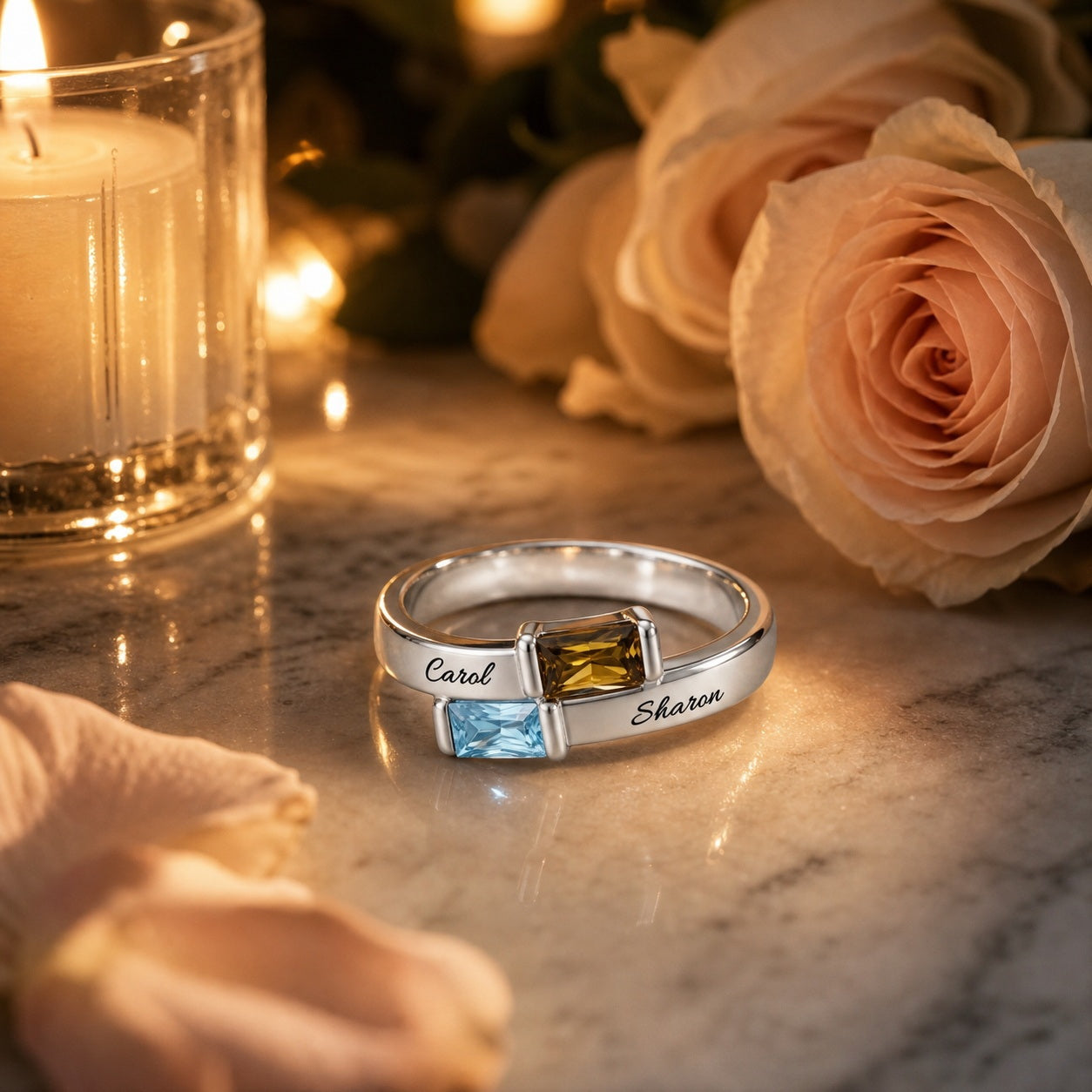 Custom custom-two-name-birthstone-bar-ring scene view for pe