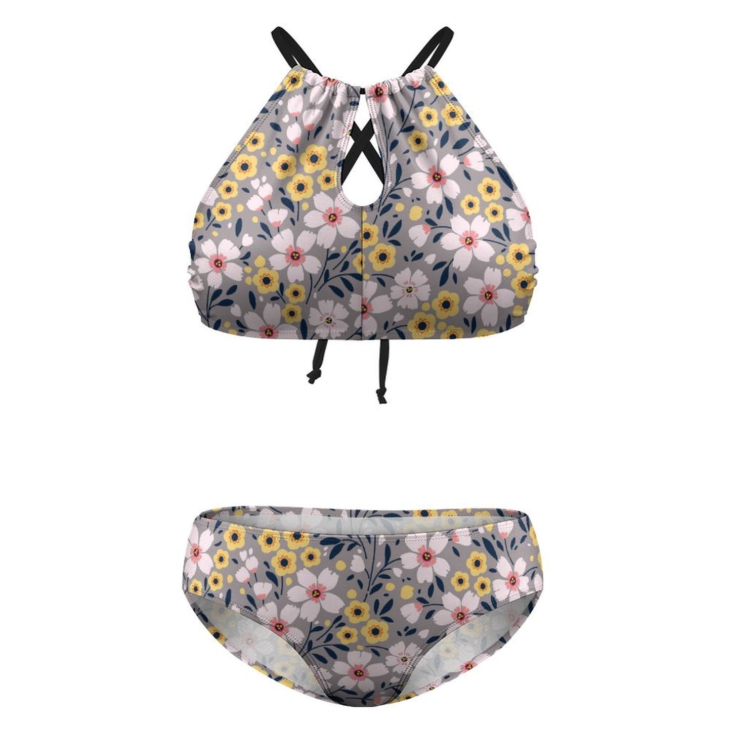 Two Piece Plus Size Floral Bikini Swimsuit. Tummy Control Style. Flat lay front.