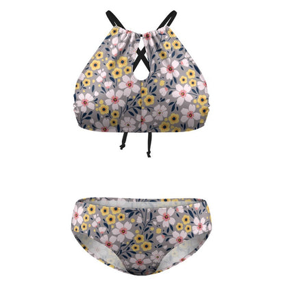 Two Piece Plus Size Floral Bikini Swimsuit. Tummy Control Style. Flat lay front.