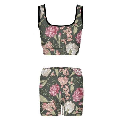 2 piece floral print yoga outfit: sports bra & high waisted biker shorts product view.