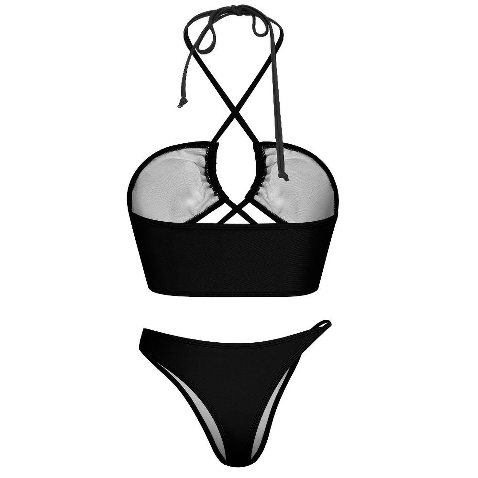 Back view of halter two-piece swimsuit showing criss cross straps and high-cut bottom.