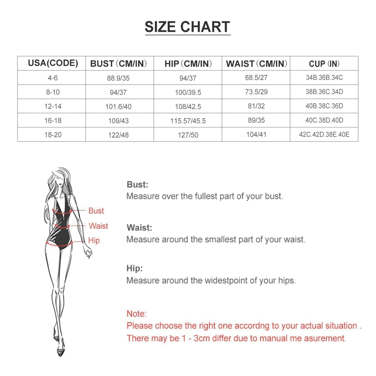 Size chart for women's two-piece long sleeve rash guard swimsuits.