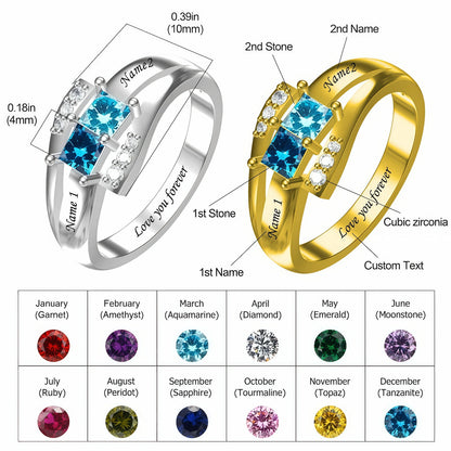 Design guide for personalized mother ring, including size and birthstone color chart.