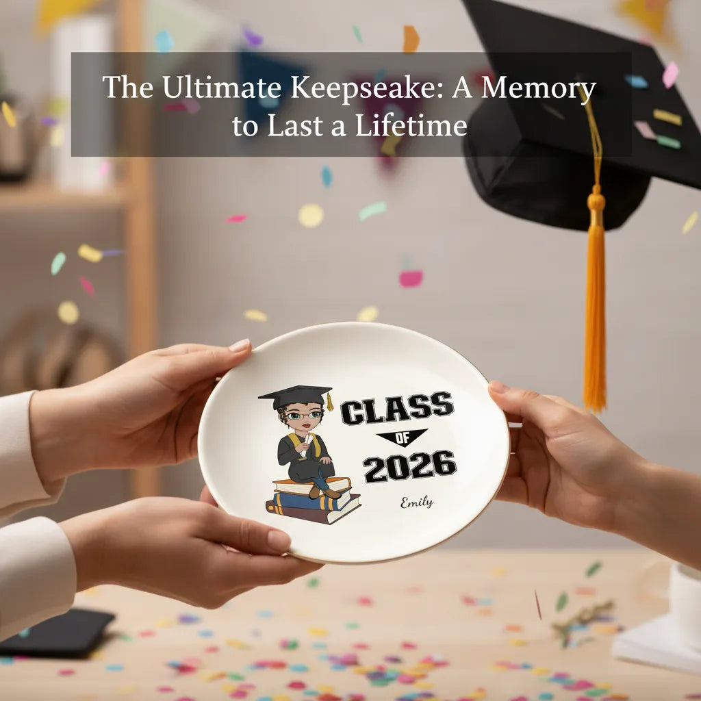 Graduation keepsake dish held at a celebration ceremony.