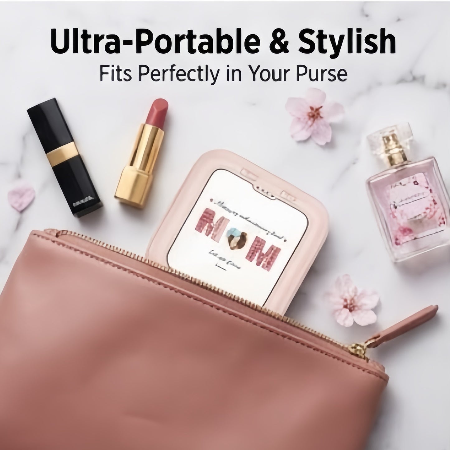 Stylish pink mini power bank tucked into a makeup purse.