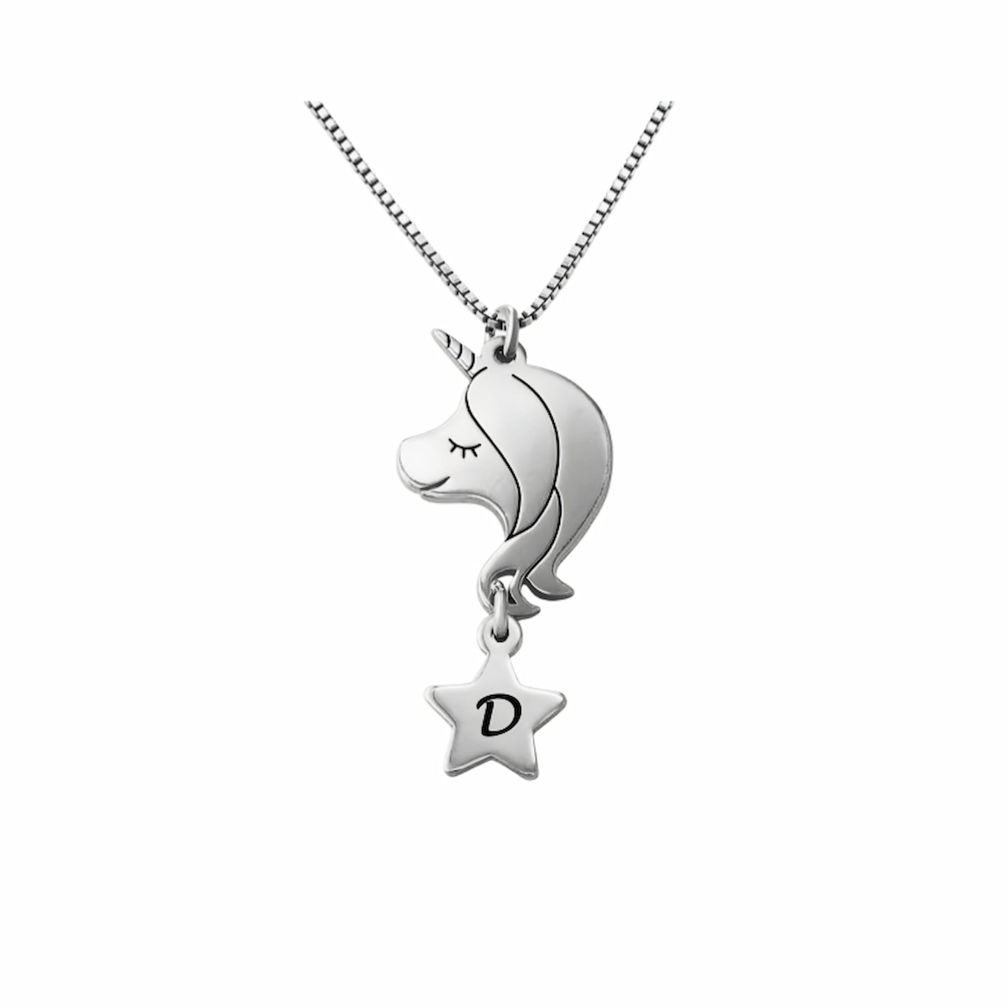 Sterling silver personalized unicorn necklace with initial star charm. The best magical gift jewelry for girls.