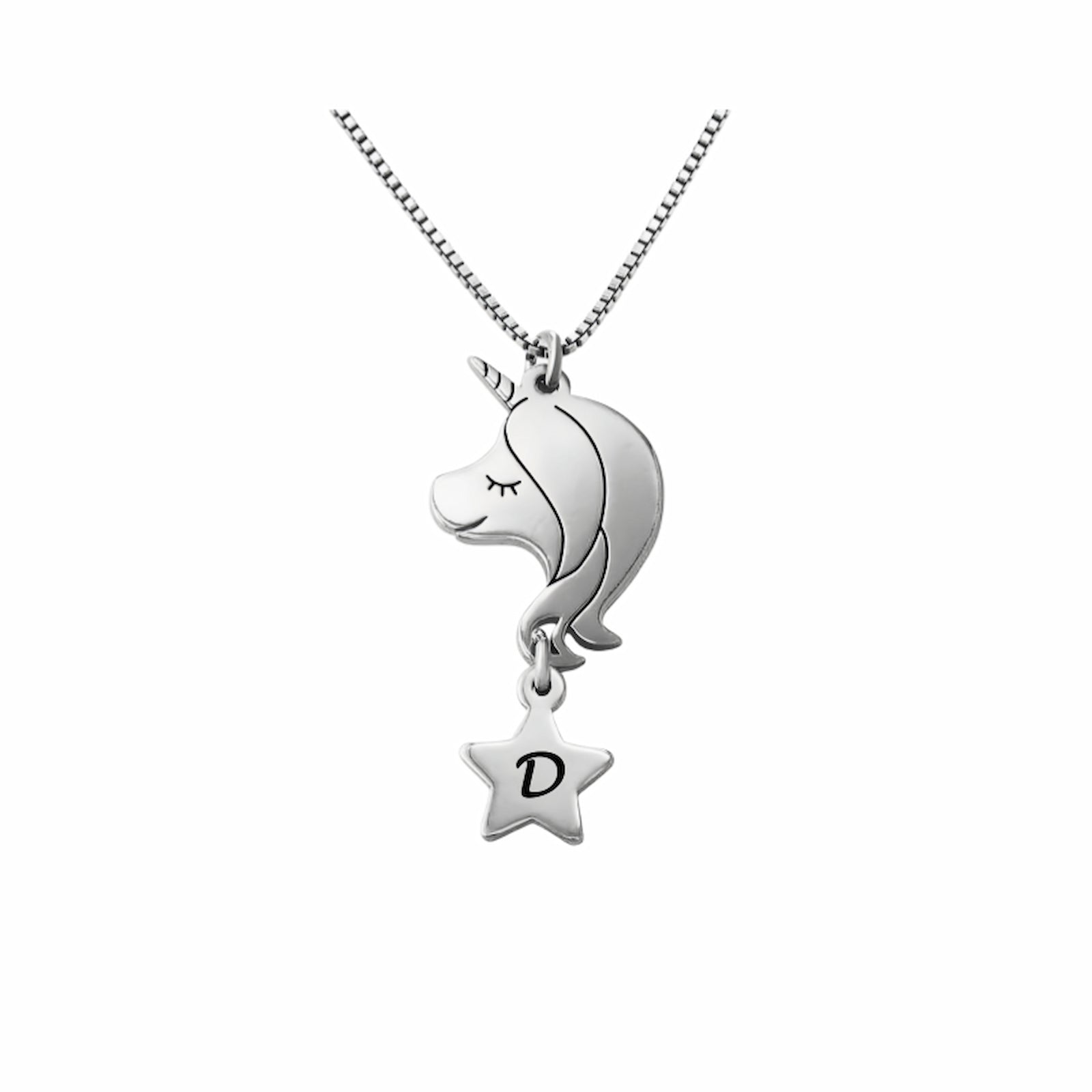 Sterling silver personalized unicorn necklace with initial star charm. The best magical gift jewelry for girls.