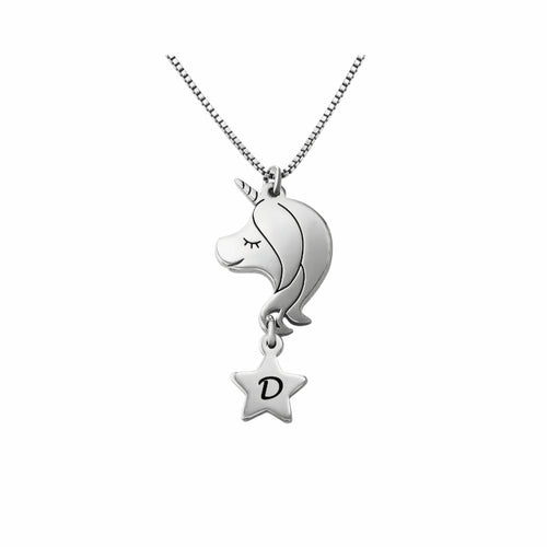 Sterling silver personalized unicorn necklace with initial star charm. The best magical gift jewelry for girls.