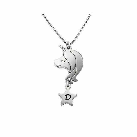 Sterling silver personalized unicorn necklace with initial star charm. The best magical gift jewelry for girls.
