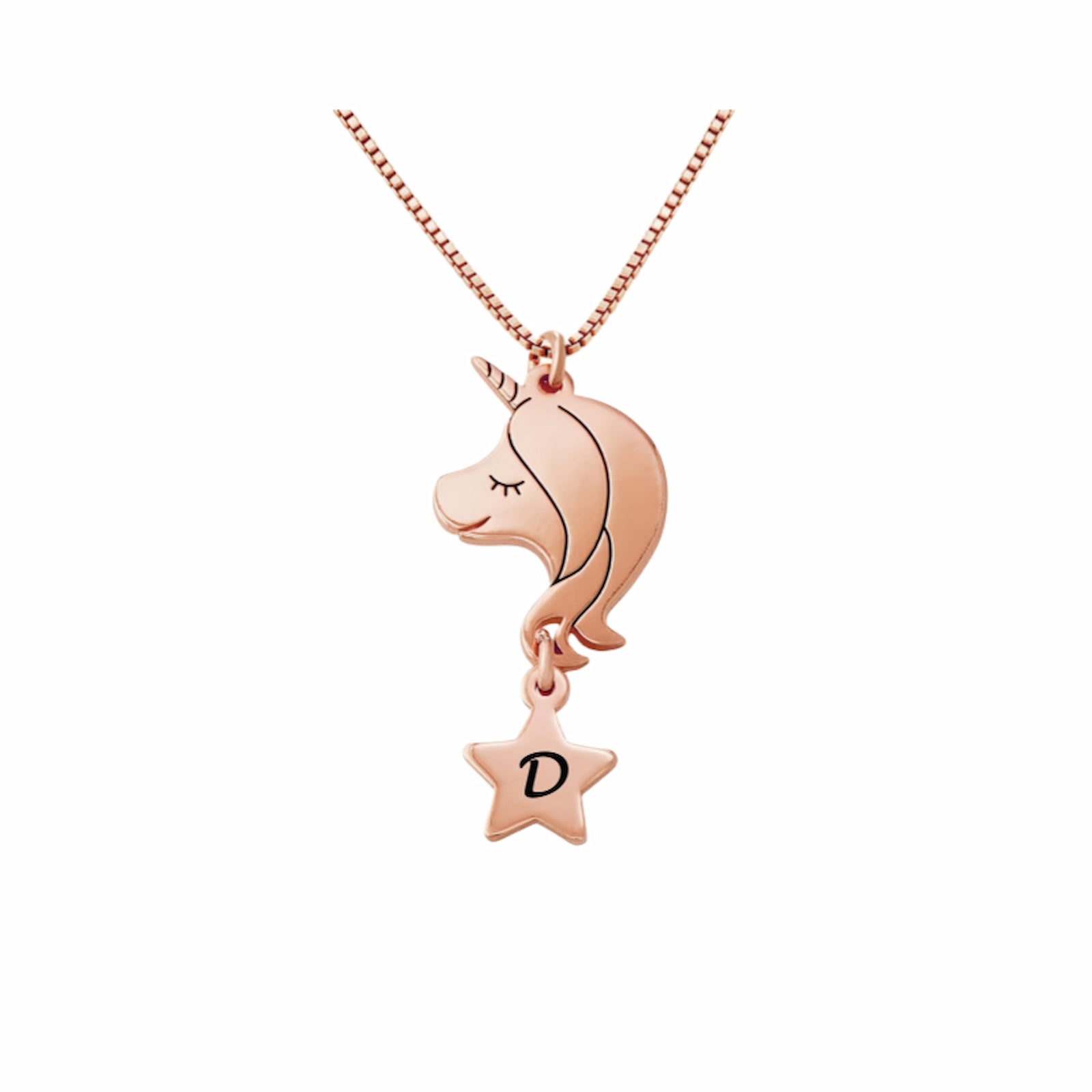 Rose gold personalized unicorn necklace with initial star charm. The perfect personalized Christmas or birthday gift for young girls.