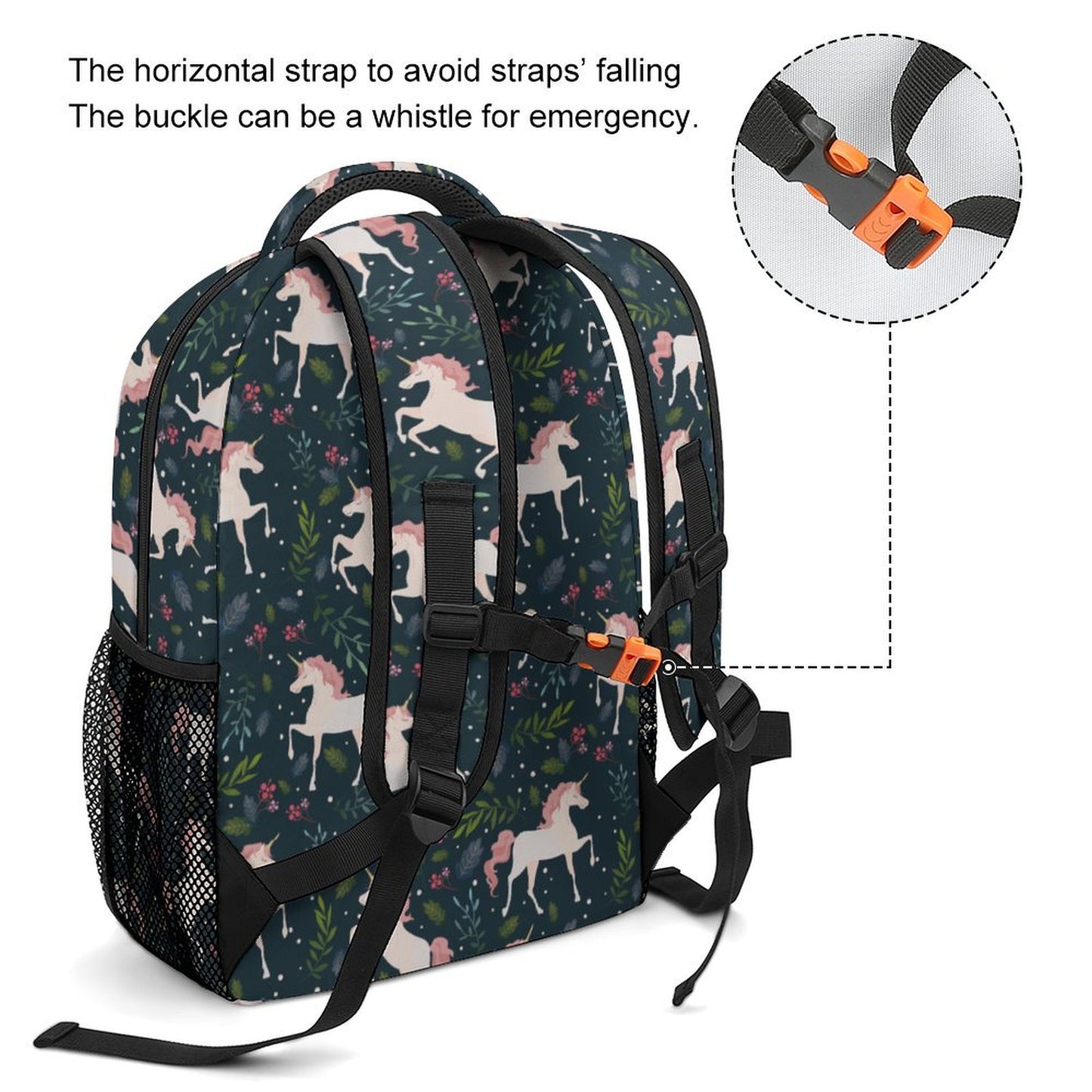 Children's School Bag with safety whistle and chest strap for security.